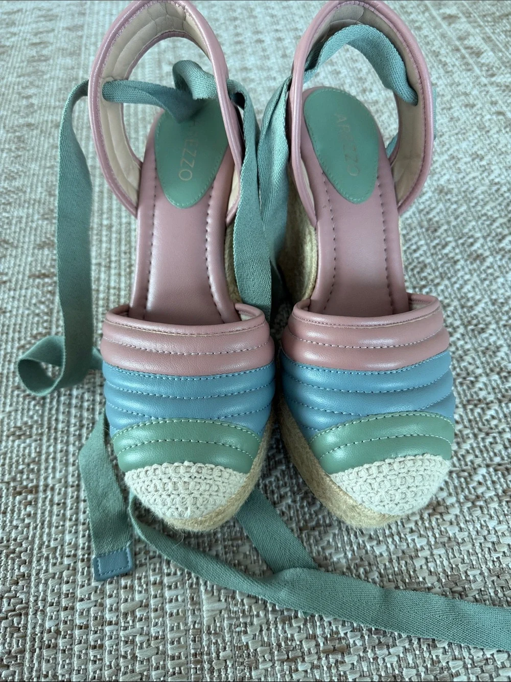 Pastel Pink & Mint Espadrille Wedge Sandals with Ankle Tie 7US